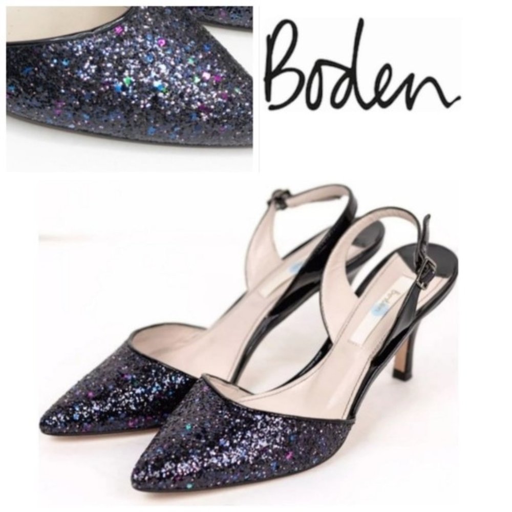 Boden Sixties Slingbacks- Multi Black Glitter Size 39.5